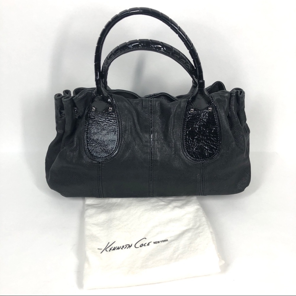 Kenneth Cole New York Black Leather and Patent Leather Satchel with Dust Bag